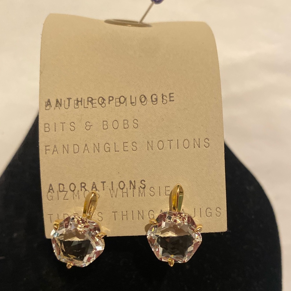 Anthropologie Gold-Tone Hexagon Stone Post Earrings-  clear dangle drop